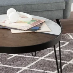 Coffee Tables-Kirkland's Home Round Brown Wood And White Marble Top Coffee Table Brown/White