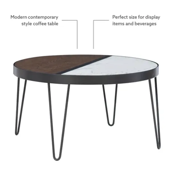 Coffee Tables-Kirkland's Home Round Brown Wood And White Marble Top Coffee Table Brown/White