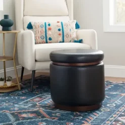 Benches & Ottomans-Kirkland's Home Round Faux Leather Storage Ottoman Black
