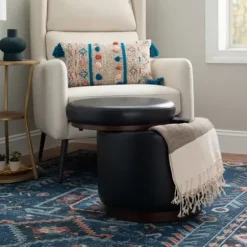 Benches & Ottomans-Kirkland's Home Round Faux Leather Storage Ottoman Black