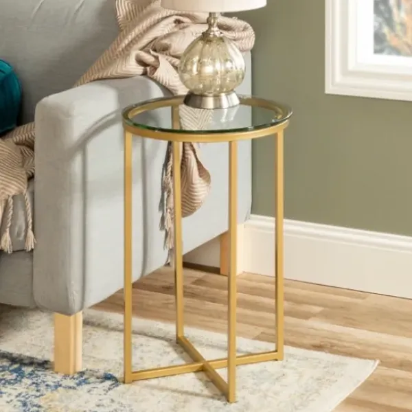 Accent & End Tables-Kirkland's Home Round Gold Metal And Glass Side Table Gold/White