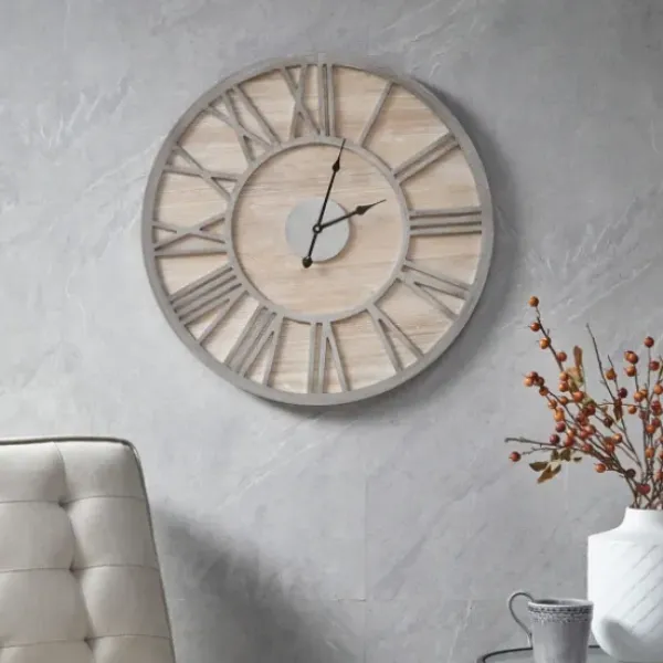 Clocks-Kirkland's Home Round Gray And Natural Wooden Wall Clock