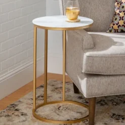 Accent & End Tables-Kirkland's Home Round Marble And Gold C-Table White