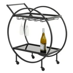 Kitchen Islands & Bar Carts-Kirkland's Home Round Metal And Glass 2-Ter Bar Cart Black