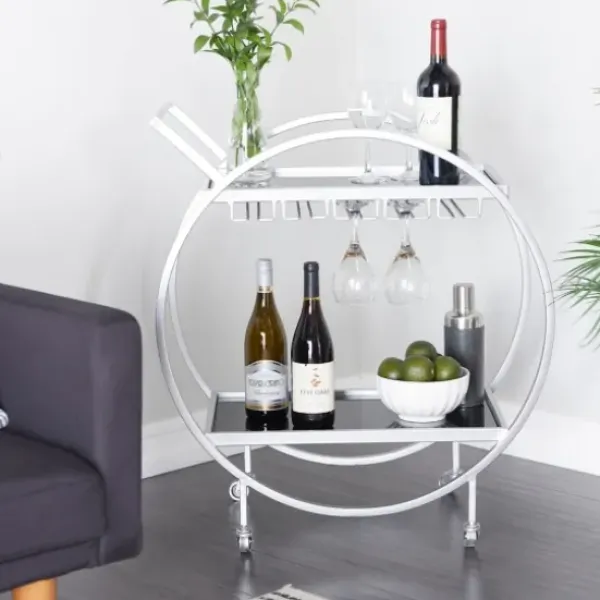 Kitchen Islands & Bar Carts-Kirkland's Home Round Metal And Glass 2-Ter Bar Cart Silver