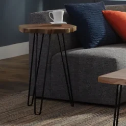 Accent & End Tables-Kirkland's Home Round Natural Live Edge Hairpin Legs Accent Table Tan/Black