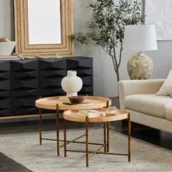 Coffee Tables-Kirkland's Home Round Rattan 2-Pc. Nesting Coffee Table Set Brown