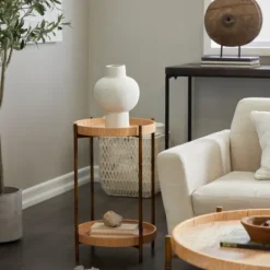 Accent & End Tables-Kirkland's Home Round Rattan 2-Tier Side Table Brown