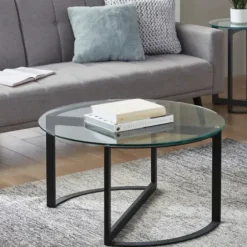 Coffee Tables-Kirkland's Home Round Tempered Glass Hourglass Base Coffee Table Black