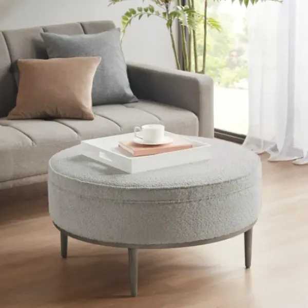 Benches & Ottomans-Kirkland's Home Round Upholstered Ottoman Gray