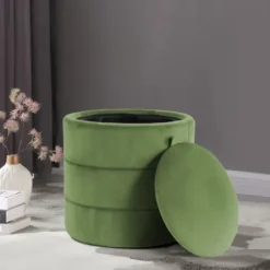 Benches & Ottomans-Kirkland's Home Round Velvet Storage Ottoman Green