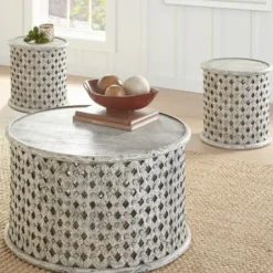 Accent & End Tables-Kirkland's Home Round White Wood Lattice Accent Table