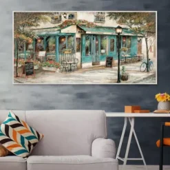 Framed Art-Kirkland's Home Rue Du Jardin Corner Bistro Framed Wall Art Tan/Blue/Green