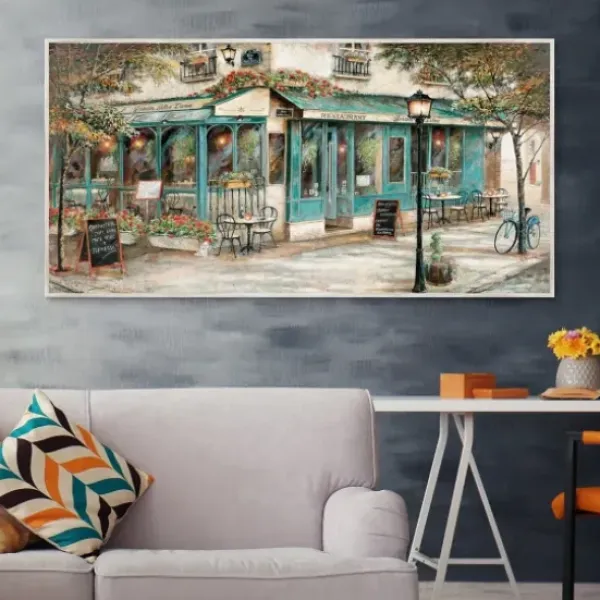 Framed Art-Kirkland's Home Rue Du Jardin Corner Bistro Framed Wall Art Tan/Blue/Green