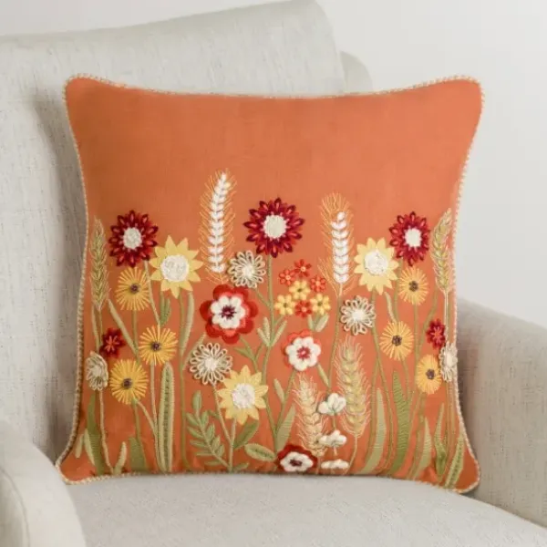 Pillows-Kirkland's Home Rust Embroidered Floral Throw Pillow Orange