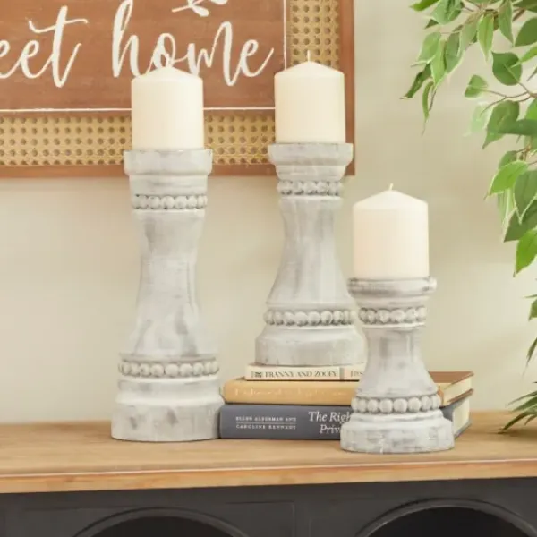 Candle Holders-Kirkland's Home Rustic Gray Carved 3-Pc. Candle Holder Set White/Gray