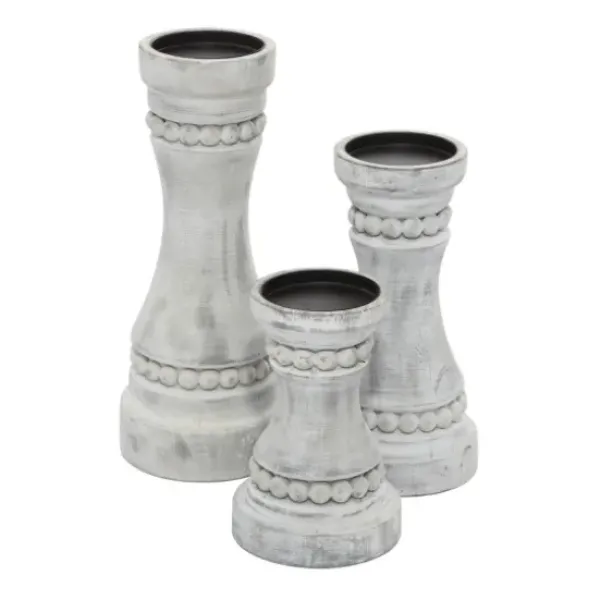 Candle Holders-Kirkland's Home Rustic Gray Carved 3-Pc. Candle Holder Set White/Gray