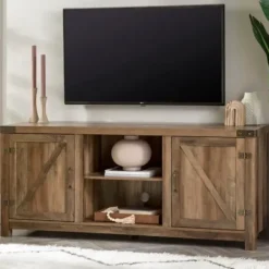 Tv Stands & Media Consoles-Kirkland's Home Rustic Oak Barn Doors Tv Stand Brown