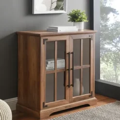 Cabinets & Sideboards-Kirkland's Home Rustic Oak Finish Window Pane Cabinet Brown