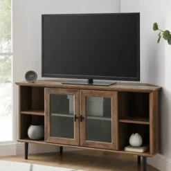 Tv Stands & Media Consoles-Kirkland's Home Rustic Oak Glass Door Corner Tv Stand Brown