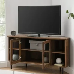 Tv Stands & Media Consoles-Kirkland's Home Rustic Oak Glass Door Corner Tv Stand Brown