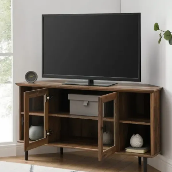 Tv Stands & Media Consoles-Kirkland's Home Rustic Oak Glass Door Corner Tv Stand Brown