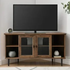Tv Stands & Media Consoles-Kirkland's Home Rustic Oak Glass Door Corner Tv Stand Brown