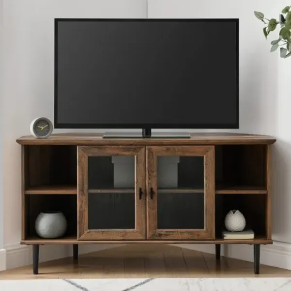 Tv Stands & Media Consoles-Kirkland's Home Rustic Oak Glass Door Corner Tv Stand Brown