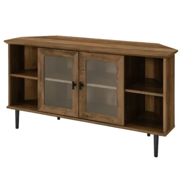 Tv Stands & Media Consoles-Kirkland's Home Rustic Oak Glass Door Corner Tv Stand Brown