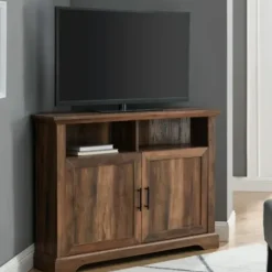 Tv Stands & Media Consoles-Kirkland's Home Rustic Oak Grooved Door Corner Tv Stand Brown