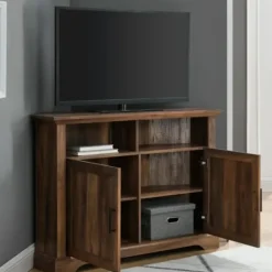 Tv Stands & Media Consoles-Kirkland's Home Rustic Oak Grooved Door Corner Tv Stand Brown