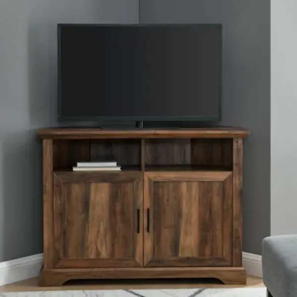 Tv Stands & Media Consoles-Kirkland's Home Rustic Oak Grooved Door Corner Tv Stand Brown