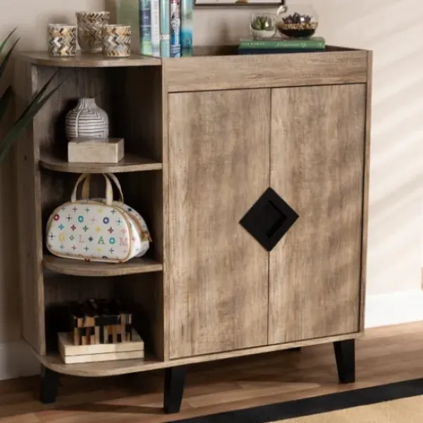 Entryway Furniture-Kirkland's Home Rustic Oak Open Shoe Storage Cabinet Tan