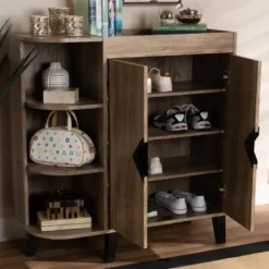 Entryway Furniture-Kirkland's Home Rustic Oak Open Shoe Storage Cabinet Tan