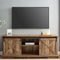 Tv Stands & Media Consoles-Kirkland's Home Rustic Oak Sliding Barn Door Tv Stand Brown
