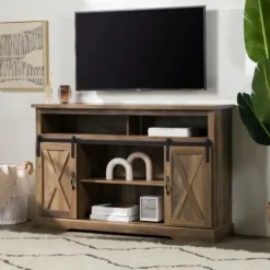 Tv Stands & Media Consoles-Kirkland's Home Rustic Oak Sliding Barn Door Highboy Tv Stand Brown
