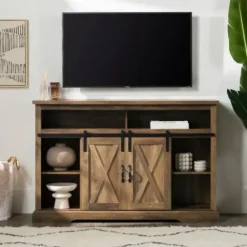 Tv Stands & Media Consoles-Kirkland's Home Rustic Oak Sliding Barn Door Highboy Tv Stand Brown