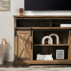 Tv Stands & Media Consoles-Kirkland's Home Rustic Oak Sliding Barn Door Highboy Tv Stand Brown