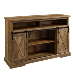 Tv Stands & Media Consoles-Kirkland's Home Rustic Oak Sliding Barn Door Highboy Tv Stand Brown