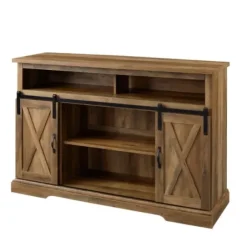 Tv Stands & Media Consoles-Kirkland's Home Rustic Oak Sliding Barn Door Highboy Tv Stand Brown
