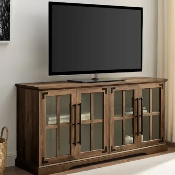 Tv Stands & Media Consoles-Kirkland's Home Rustic Oak Window 4-Door Tv Stand Brown