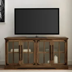 Tv Stands & Media Consoles-Kirkland's Home Rustic Oak Window 4-Door Tv Stand Brown