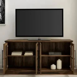 Tv Stands & Media Consoles-Kirkland's Home Rustic Oak Window 4-Door Tv Stand Brown