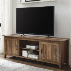 Tv Stands & Media Consoles-Kirkland's Home Rustic Oak Wood Grooved Door Tv Stand Brown