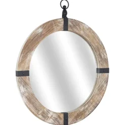 Decorative Mirrors-Kirkland's Home Rustic Round Wooden Mirror With Metal Brackets