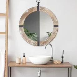 Decorative Mirrors-Kirkland's Home Rustic Round Wooden Mirror With Metal Brackets
