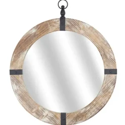 Decorative Mirrors-Kirkland's Home Rustic Round Wooden Mirror With Metal Brackets
