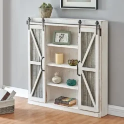Cabinets & Sideboards-Kirkland's Home Rustic Sliding Metal Door Cabinet White