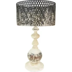 Table Lamps-Kirkland's Home Rustic White Table Lamp With Woven Metal Shade Brown