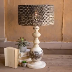 Table Lamps-Kirkland's Home Rustic White Table Lamp With Woven Metal Shade Brown